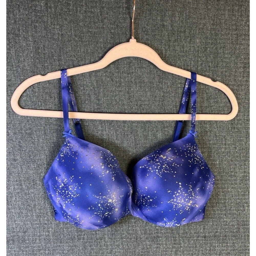Victoria’s Secret Satin Plunge Bra 36D Padded Galaxy Celestial Stardust Pattern